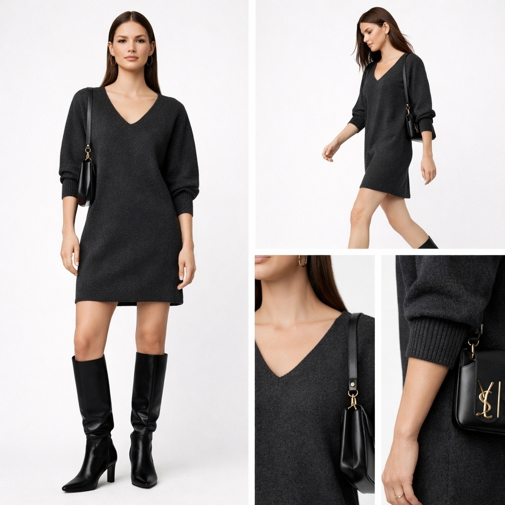 ALLSAINTS Lambswool Cashmere Sweater Dress Short Knit Mini Layering 35” Length - Picture 10 of 10